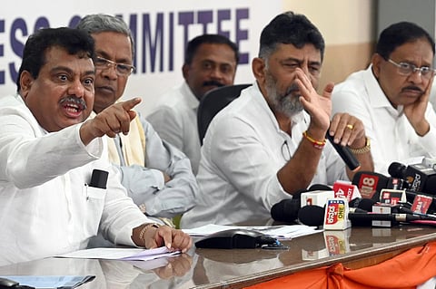 Congress leaders MB Patil, Siddaramaiah, DK Shivakumar and Dr G Parameshwara address media persons at KPCC office in Bengaluru on Thursday. (Photo | Nagaraja Gadekal, EPS)