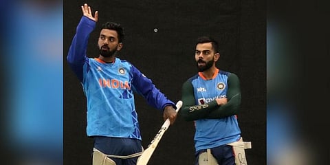 India's Virat Kohli (R) and KL Rahul attend a net practice session with teammates.(Photo | AFP)