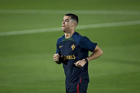 Portugal's forward Cristiano Ronaldo takes part in a training session at Shahaniya Sports Club in Al Samriya, Doha, Nov. 19, 2022. (Photo | AFP)