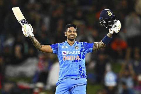 India's Suryakumar Yadav celebrates after scoring a century during the T20 cricket international between India and New Zealand at Bay Oval, Mount Maunganui, Nov. 20, 2022. (Photo | AP)