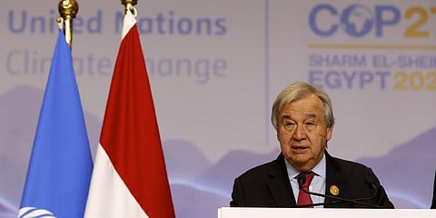 United Nations Secretary General Antonio Guterres speaks at a press conference during the COP27 climate conference in Egypt's Red Sea resort city of Sharm el-Sheikh (Photo | AFP)