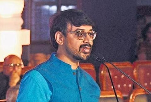 Mathematician Manjul Bhargava addressing the inauguraal event of Chanakya University in Bengaluru on Saturday | Vinod Kumar T