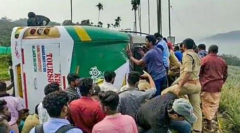 Rescue operation underway after a bus carrying Sabarimala pilgrims from Andhra Pradesh met with an accident in Pathanamthitta district, Kerala on Saturday. (Photo | PTI)