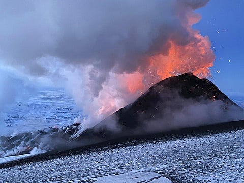 Flames and smoke billowing during the Klyuchevskaya volcano's eruption on the Kamchatka Peninsula in Russia, on March 8, 2021. (File Photo | AP)