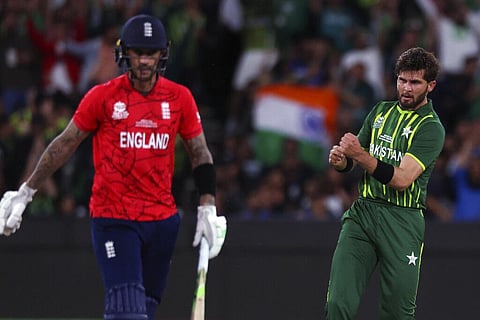 Pakistan's Shaheen Afridi celebrates taking the wicket of England's Alex Hales during the final of the T20 World Cup, Nov. 13, 2022. (Photo | AP)