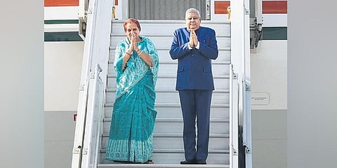 V-P Jagdeep Dhankhar emplanes for Doha with wife on Sunday. (Photo | PTI)