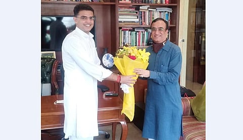 Sachin Pilot seen congratulating Ajay Maken when the latter was named General Secretary In-charge of Rajasthan. (File Photo | EPS)
