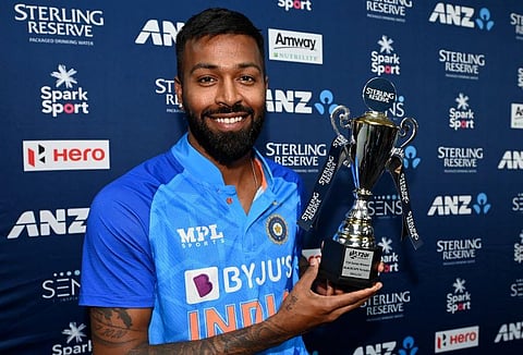 India's captain Hardik Pandya holds the series trophy after their T20 cricket international against New Zealand in Napier, New Zealand (Photo | AP)