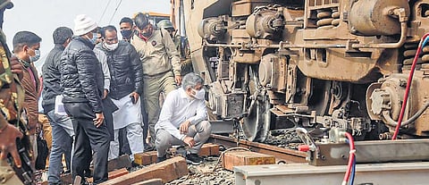 Railway Minister Ashwini Vaishnaw at the derailment site on Friday. (Photo | PTI)
