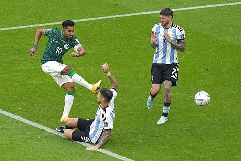 Saudi Arabia's Salem Al-Dawsari scores his side's second goal during the World Cup group C soccer match between Argentina and Saudi Arabia. (Photo | AP)