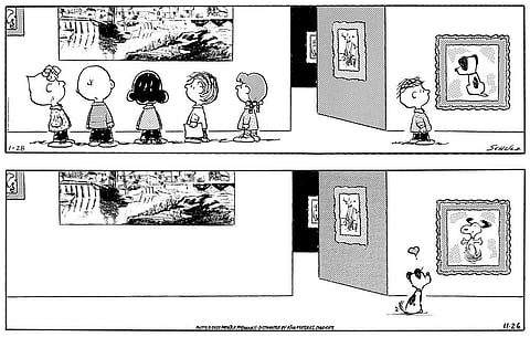 This combination of photos shows a “Peanuts” cartoon by Charles M. Schulz in 1999. (Photo | Peanuts via AP, top and King Features Syndicate via AP)