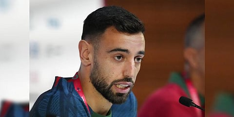 Manchester United and Portugal midfielder Bruno Fernandes speaks during a press conference on the eve of the group H World Cup  match between Portugal and Ghana, Nov. 23,2022. (Photo | AP)