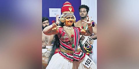 Parvathy Pradeep performing Nangiyarkoothu in the high school category at the district school arts festival on Tuesday | Vincent Pulickal