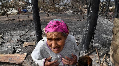 An elderly Algerian woman outside her home, destroyed in a wildfire in the city of el-Kala in August, 2021. (File Photo | AFP)