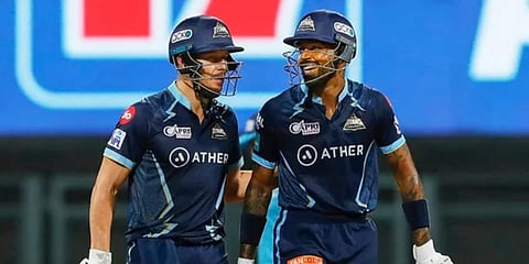 South Africa's David Miller, (L), and Indian all-rounder Hardik Pandya represent the IPL franchise Gujarat Titans. (File Photo | PTI)