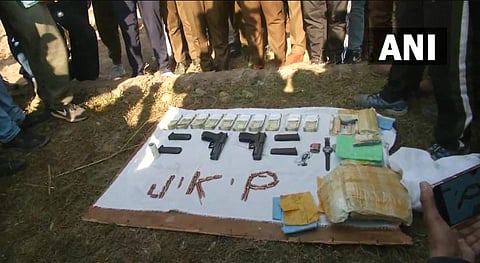 Rs 5 Lakhs cash in Indian currency, 2 Chinese pistols, 4 magazines, around 60 rounds of bullets, detonator & 2 IEDs were found.  (Photo | ANI)