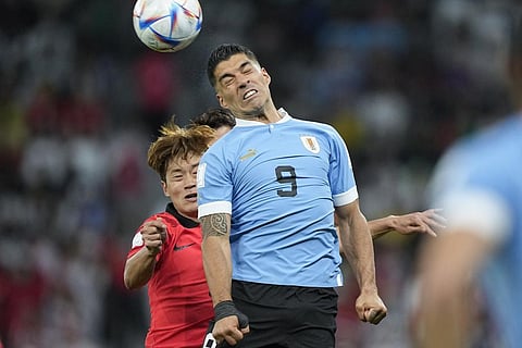 Uruguay's Luis Suarez, right, and South Korea's Kim Jin-su go for a header during the World Cup group H soccer match at the Education City Stadium in Al Rayyan, Nov. 24, 2022. (Photo | AP)