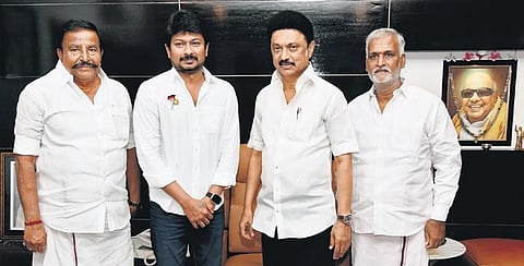 DMK youth wing secretary Udhayanidhi Stalin with party chief MK Stalin after being reappointed to the post, in Chennai on Wednesday | Express