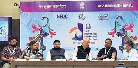 Anupam Kher with ‘Pratikshya’ team at  IFFI-2022 in Goa on Wednesday | Express