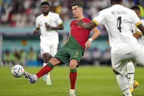 Portugal's Cristiano Ronaldo controls the ball during the World Cup group H soccer match between Portugal and Ghana, at the Stadium 974 in Doha, Qatar, Thursday, Nov. 24, 2022. (Photo | AP)