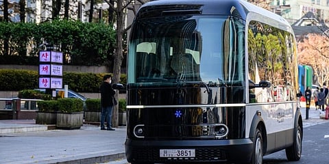 The bus looks a bit 'like Lego' and is made of composite parts to help keep costs down and make it easy to replicate. (Photo | AFP)
