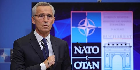 NATO Secretary-General Jens Stoltenberg speaks during a press conference at the NATO headquarters. (Photo |AP)