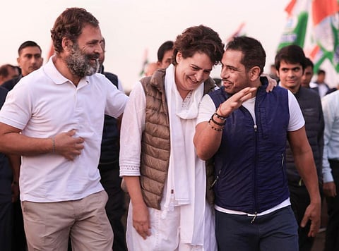 Congress leader Rahul Gandhi with his sister Priyanka Gandhi Vadra and her husband Robert Vadra during the Bharat Jodo Yatra in Khandwa, Madhya Pradesh. (Photo | PTI)