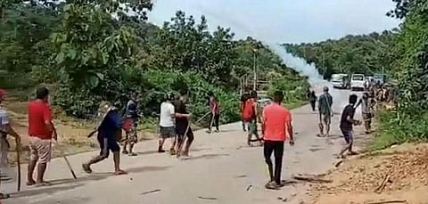 Locals during a clash with police personnel at Assam-Mizoram border at Lailapur in Cachar district. (Photo | PTI)