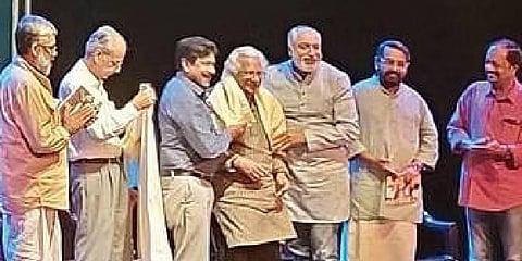 Filmmaker Adoor Gopalakrishnan being honoured during the screening of the documentary  ‘The Journey-Swayamvaram at Fifty’ on Friday | express