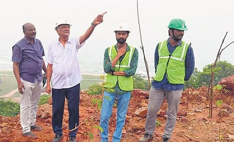 CPI national secretary K Narayana inspects constructions at Rushikonda in Visakhapatnam on Friday I express