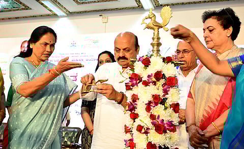Union minister Shobha Karandlaje, CM Basavaraj Bommai, minister Halappa Achar, and NCW Chairperson Rekha Sharma in Bengaluru on Friday | Shashidhar Byrappa