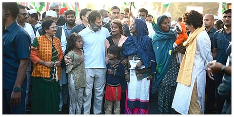 Congress leader Rahul Gandhi and his sister and party's general secretary Priyanka Gandhi Vadra with supporters during the Bharat Jodo Yatra in Khandwa district of Madhya Pradesh. (Photo |PTI)