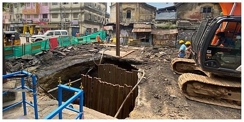 Road caved in at Perambur Barracks Road in Chennai on Sunday. (Photo | R Satish Babu)