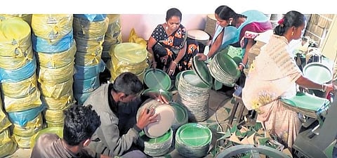 Lalita Debi Shing and her employees in the paper plate making unit at Amalabhata in Rayagada | Express