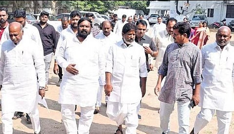 Mallu Bhatti Vikramarka and other senior Congress leaders arrive at Gandhi Bhavan to attend a seminar on the Constitution Day on Saturday | RVK Rao