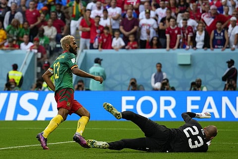 Cameroon's Eric Maxim Choupo-Moting, (L), scores his side's third goal during the World Cup group G soccer match between Cameroon and Serbia, at the Al Janoub Stadium, Nov 28, 2022. (Photo | AP)