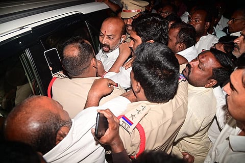 BJP Telangana president Bandi Sanjya was detained by police on his way to Bhainsa on Sunday. (Photo | EPS)