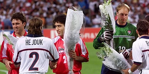 At the World Cup group match in France in 1998, Iranian players offered white roses to US players before kick-off. (File Photo | AFP)
