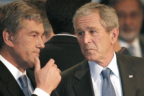 Ukraine's President Viktor Yushchenko talks with US President George W.Bush, at the NATO Summit conference in Bucharest, Thursday April 3, 2008. (Photo | AP)