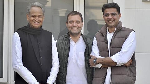Congress leaders Ashok Gehlot, Rahul Gandhi, and Sachin Pilot. (Photo | Rahul Gandhi Twitter)