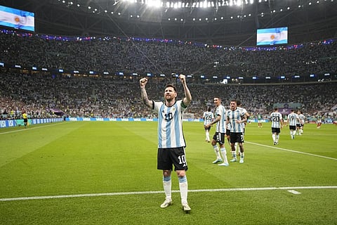 Argentina's Lionel Messi celebrates after scoring goal (Photo | AP)