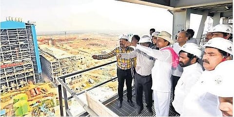 ​  Chief Minister K Chandrasekhar Rao interacts with officials at the Yadadri Thermal Power Plant (YTPP) in Damaracherla on Monday  ​