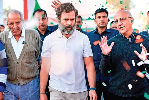 Congress leader Rahul Gandhi with author Harsh Mander during the Bharat Jodo Yatra in Indore on Sunday. (Photo | PTI)