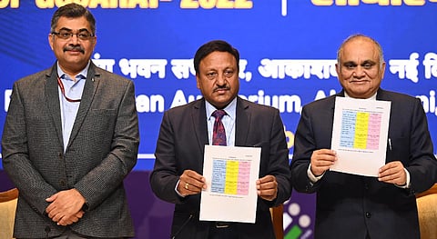Gujarat Chief Election Commissioner Rajiv Kumar during a press conference for the announcement of schedule of assembly elections in Gujarat, in New Delhi. (Photo | Shekhar Yadav, EPS)