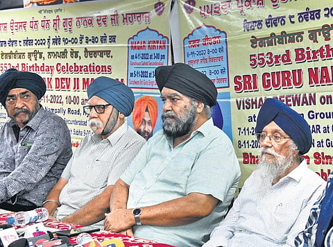 Members of Prabhandak Committees members of Gurudwara Saheb Secunderabad and Gurudwara Sri Guru Singh Sabha, Guru Nanak Marg, Ashok Bazar, Afzalgunj speak to the media in Hyderabad on Wednesday |  Vin