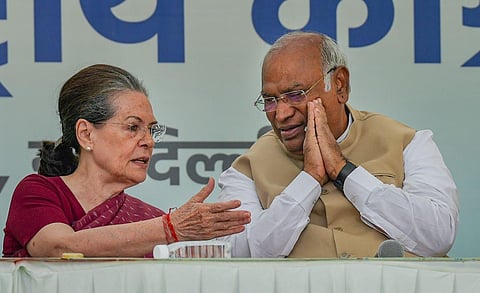 Congress President Mallikarjun Kharge with former party president Sonia Gandhi at the AICC Headquarters. (Photo | PTI)