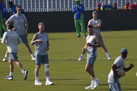 England's skipper Ben Stokes, James Anderson, and teammates attend a training session, in Rawalpindi, Pakistan. (Photo | AP)