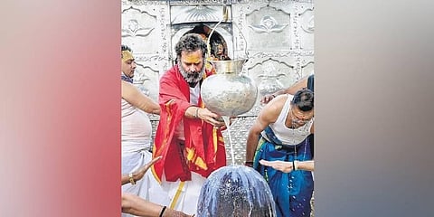 Rahul Gandhi visited the Mahakal Temple, another jyotirlinga site, in Ujjain . (Photo | PTI)