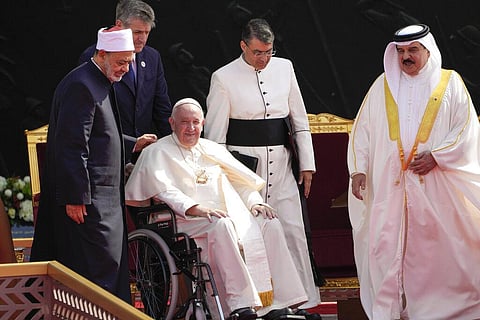 From left, Ahmed El-Tayeb, Grand Imam of al-Azhar, Pope Francis and Bahrain's King Hamad bin Isa Al Khalifa attend the closing session of the 'Bahrain Forum for Dialogue' in Manama (Photo | AP)