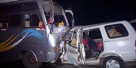 Wreckage of a bus and a sports utility vehicle (SUV) following a collision, in Betul district. (Phot |PTI)